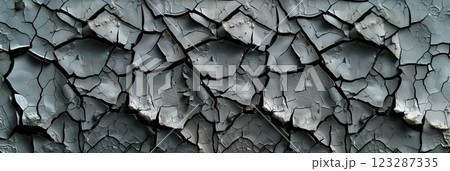 Wide view of cracked, parched earth texture. 123287335