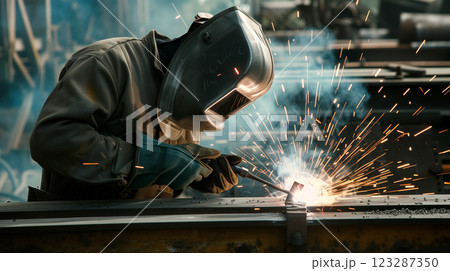 Welder working with sparks flying in workshop. 123287350
