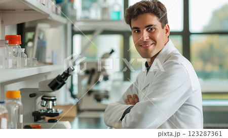 Smiling scientist in lab with microscope. Smiling scientist in lab with microscope. 123287361