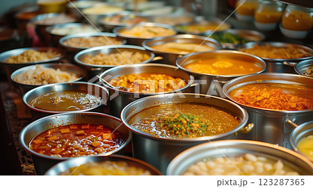 Various soups displayed in large pots. 123287365