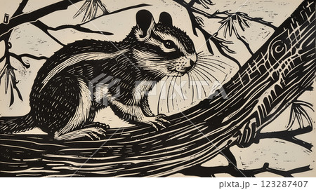 Chipmunk on a branch in a linocut style. 123287407