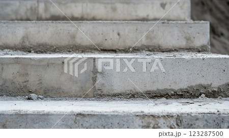 Close-up of worn concrete steps with visible wear. 123287500