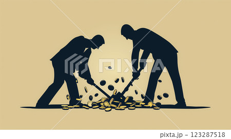 Silhouettes mining coins, symbolizing wealth creation. Silhouettes mining coins, symbolizing wealth creation. 123287518