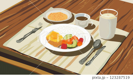 Illustrated breakfast plate with sunny-side up egg. Illustrated breakfast plate with sunny-side up egg. 123287519