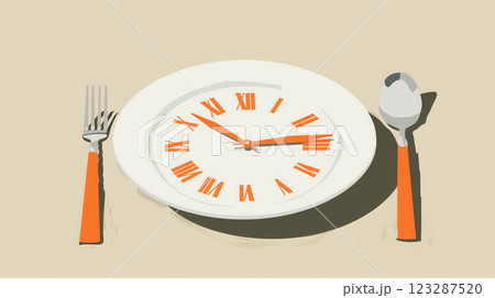Plate with clock face, fork and spoon. Plate with clock face, fork and spoon. 123287520
