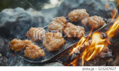 Chicken pieces grilling over fiery coals. 123287627