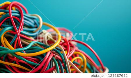 Tangled colorful wires against a blue background. 123287632