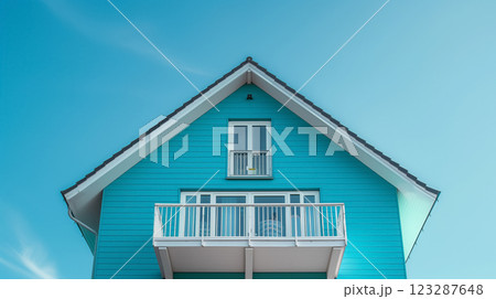 Blue house with white trim under clear sky. Blue house with white trim under clear sky. 123287648