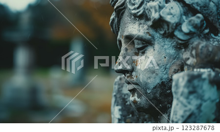 Weathered statue face with rain in cemetery. 123287678
