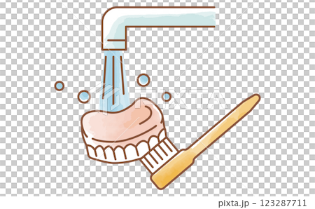 A gentle watercolor illustration of washing dentures in the bathroom 123287711
