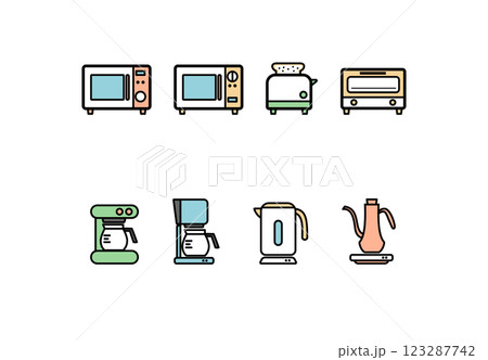 イラスト素材:シンプルなキッチン家電の線画イラストセット(カラー) イラスト素材:シンプルなキッチン家電の線画イラストセット(カラー) 123287742