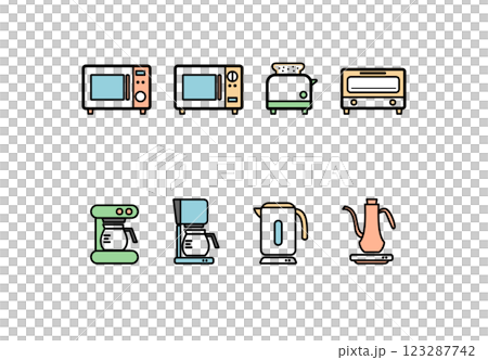 イラスト素材:シンプルなキッチン家電の線画イラストセット(カラー) イラスト素材:シンプルなキッチン家電の線画イラストセット(カラー) 123287742