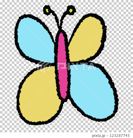 Hand drawn crayon illustration of butterfly for animal, spring, summer, flower, cartoon character, patch, brooch, shirt print, nature, garden, blossom, blooming, picnic, zoo, park, souvenir shop, icon Hand drawn crayon illustration of butterfly for animal, spring, summer, flower, cartoon character, patch, brooch, shirt print, nature, garden, blossom, blooming, picnic, zoo, park, souvenir shop, icon 123287743