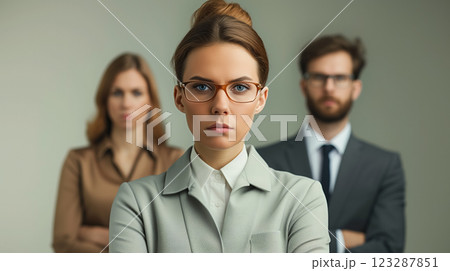 Serious business team with focused female leader. 123287851