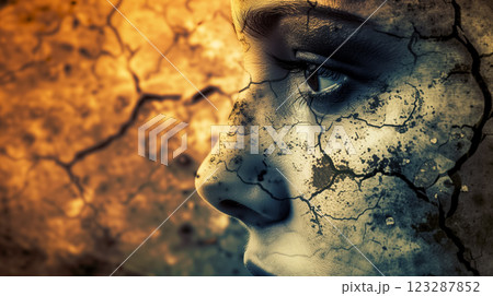 Artistic portrait with a cracked earth texture overlay. 123287852
