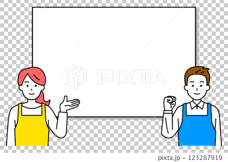 一名身著圍裙的男子和一名女子在白板前講解 123287919