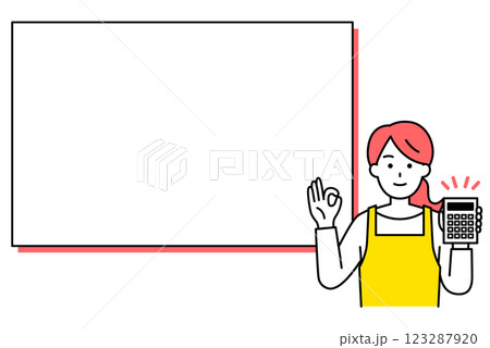 ホワイトボードの前で電卓を持ってOKサインをするエプロン姿の女性 123287920