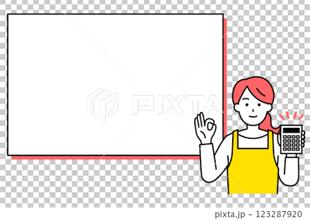 ホワイトボードの前で電卓を持ってOKサインをするエプロン姿の女性 123287920