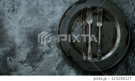 Cutlery, fork, knife, spoon and empty plate on a colored background. AI Generated Cutlery, fork, knife, spoon and empty plate on a colored background. AI Generated 123288127