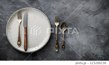 Cutlery, fork, knife, spoon and empty plate on a colored background. AI Generated 123288136