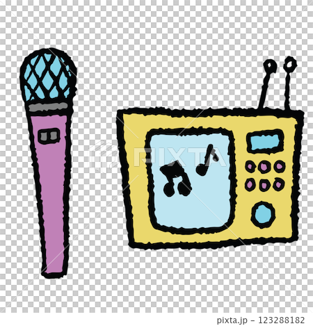 Hand drawn crayon illustration of microphone and television for decoration, song, singer, music composer, artist, entertainment, department store, sticker, hobby, leisure time, patch, fridge magnet Hand drawn crayon illustration of microphone and television for decoration, song, singer, music composer, artist, entertainment, department store, sticker, hobby, leisure time, patch, fridge magnet 123288182