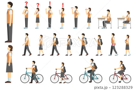 フラットイラスト：高校生サイド(冬服) 123288329