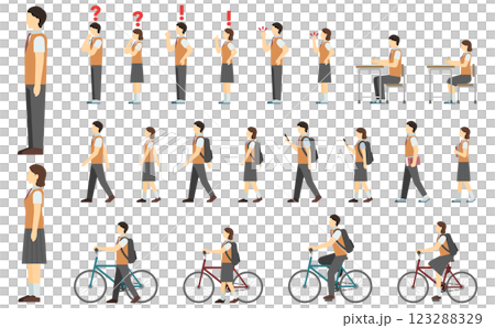 フラットイラスト：高校生サイド(冬服) 123288329