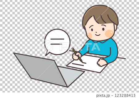 An elementary school boy studying at home using videos 123288413