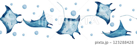 Manta ray wave watercolor seamless border isolated on white. High quality hand-drawn monochromatic illustration for notebooks, posters, wallpaper, textile, beach towel, wrapping paper and room decor 123288428