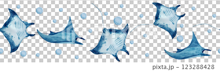 Manta ray wave watercolor seamless border isolated on white. High quality hand-drawn monochromatic illustration for notebooks, posters, wallpaper, textile, beach towel, wrapping paper and room decor 123288428