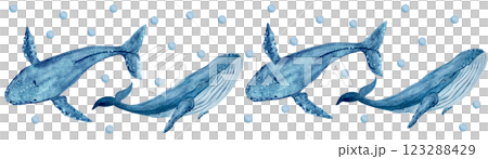 Blue whale horizontal seamless border hand-drawn in watercolor isolated on white. High quality monochromatic illustration for stationary, textile, tape, textile, wrapping paper, room decor and design 123288429