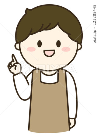 指差しで説明するエプロンを着た男性のシンプルなイラスト ブラウン 指差しで説明するエプロンを着た男性のシンプルなイラスト ブラウン 123288448