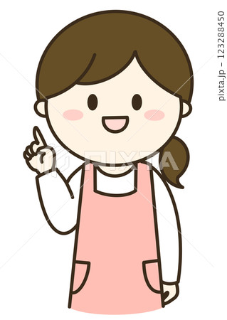 指差しで説明するエプロンを着た女性のシンプルなイラスト 123288450
