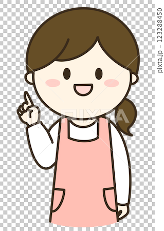 指差しで説明するエプロンを着た女性のシンプルなイラスト 123288450