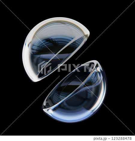 3d crystal glass sphere cut in half render icon. Transparent hollow ball of hemispheres with light refraction, blue gradient texture isolated on black background. Clear glossy objects. 3D illustration 3d crystal glass sphere cut in half render icon. Transparent hollow ball of hemispheres with light refraction, blue gradient texture isolated on black background. Clear glossy objects. 3D illustration 123288478