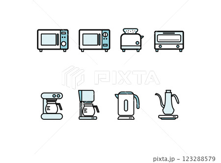 イラスト素材：シンプルなキッチン家電の線画イラストセット（単色、ドット） 123288579