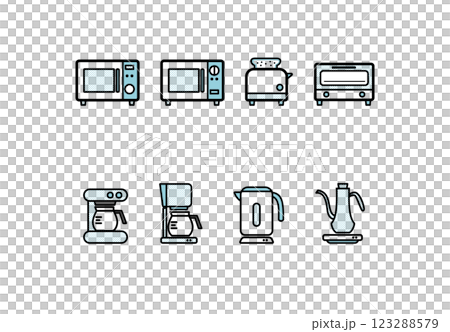 イラスト素材：シンプルなキッチン家電の線画イラストセット（単色、ドット） 123288579
