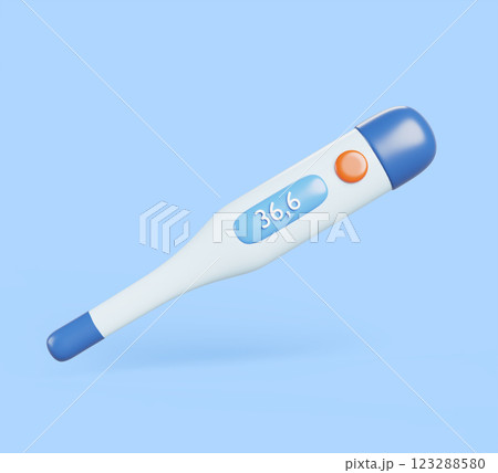 3d medical digital thermometer with normal healthy temperature. Electronic equipment, device for body heat measurement isolated on blue background. Cartoon render icon. 3D illustration 123288580