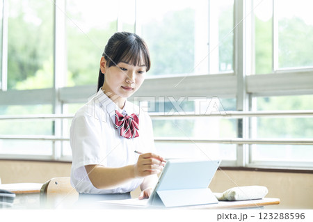 タブレットで勉強をする女子高生 123288596