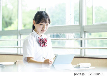 タブレットで勉強をする女子高生 タブレットで勉強をする女子高生 123288598