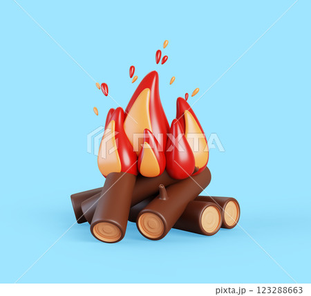 3d burning fire flame, campfire with logs and woods for camping. Bonfire with blazing ignition tongues, flying sparks and glow effect isolated on blue background. Cartoon render icon. 3D illustration 123288663