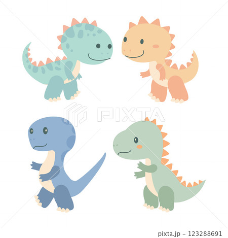 Set of Happy Funny Dino Dinosaur Animal Cartoon Character in Forest Set of Happy Funny Dino Dinosaur Animal Cartoon Character in Forest 123288691