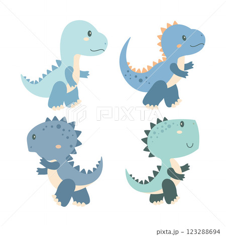 Set of Happy Funny Dino Dinosaur Animal Cartoon Character in Forest 123288694