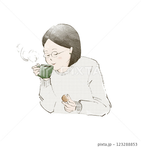コーヒーを飲みながらお菓子を食べる女性 123288853