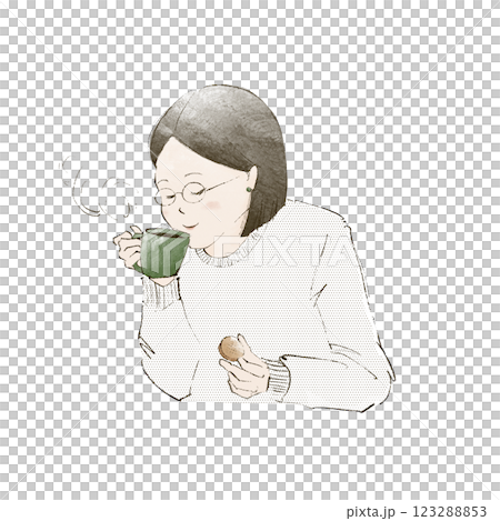 コーヒーを飲みながらお菓子を食べる女性 123288853