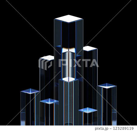 3d crystal glass pillars on black background. Abstract transparent square columns with rainbow light prism effect render. Clear glossy rectangle cube block pattern with blue gradient. 3D illustration 3d crystal glass pillars on black background. Abstract transparent square columns with rainbow light prism effect render. Clear glossy rectangle cube block pattern with blue gradient. 3D illustration 123289119