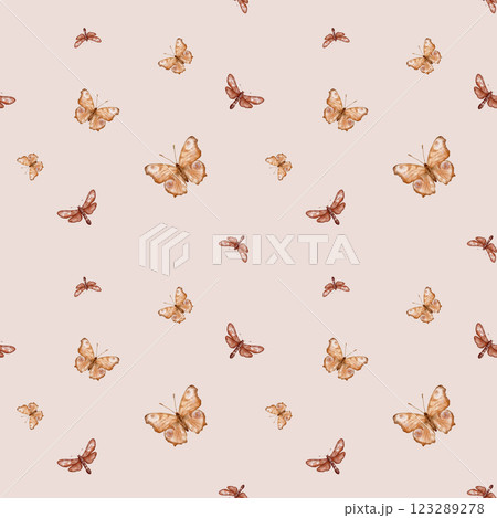 Brown and beige butterflies in vintage style on a isolated background, seamless pattern. Watercolor illustration. For fabric,textiles, wallpaper, wrapping paper, wrappers, covers, prints, clothing. Brown and beige butterflies in vintage style on a isolated background, seamless pattern. Watercolor illustration. For fabric,textiles, wallpaper, wrapping paper, wrappers, covers, prints, clothing. 123289278