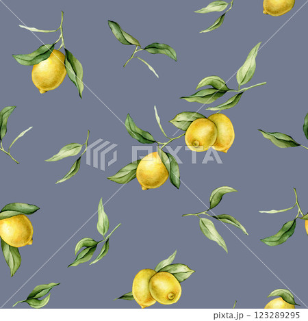 Seamless pattern with watercolor illustration of Lemon or Lime. Hand painted lemon branche with green leaves on white isolated background for juice label or icon. Seamless pattern with watercolor illustration of Lemon or Lime. Hand painted lemon branche with green leaves on white isolated background for juice label or icon. 123289295