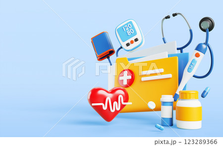 Medical 3d banner with doctor equipment - stethoscope, thermometer, tonometer, pill bottle, heart, folder with documents on blue render background. Healthcare, health insurance poster. 3D illustration 123289366