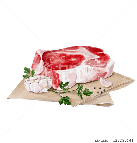 A piece of meat lies on paper with garlic and herbs. Raw steak with parsley and spices. Fresh beef or lamb or pork. The garlic is cut in half. Watercolor illustration isolated from background.  123289541